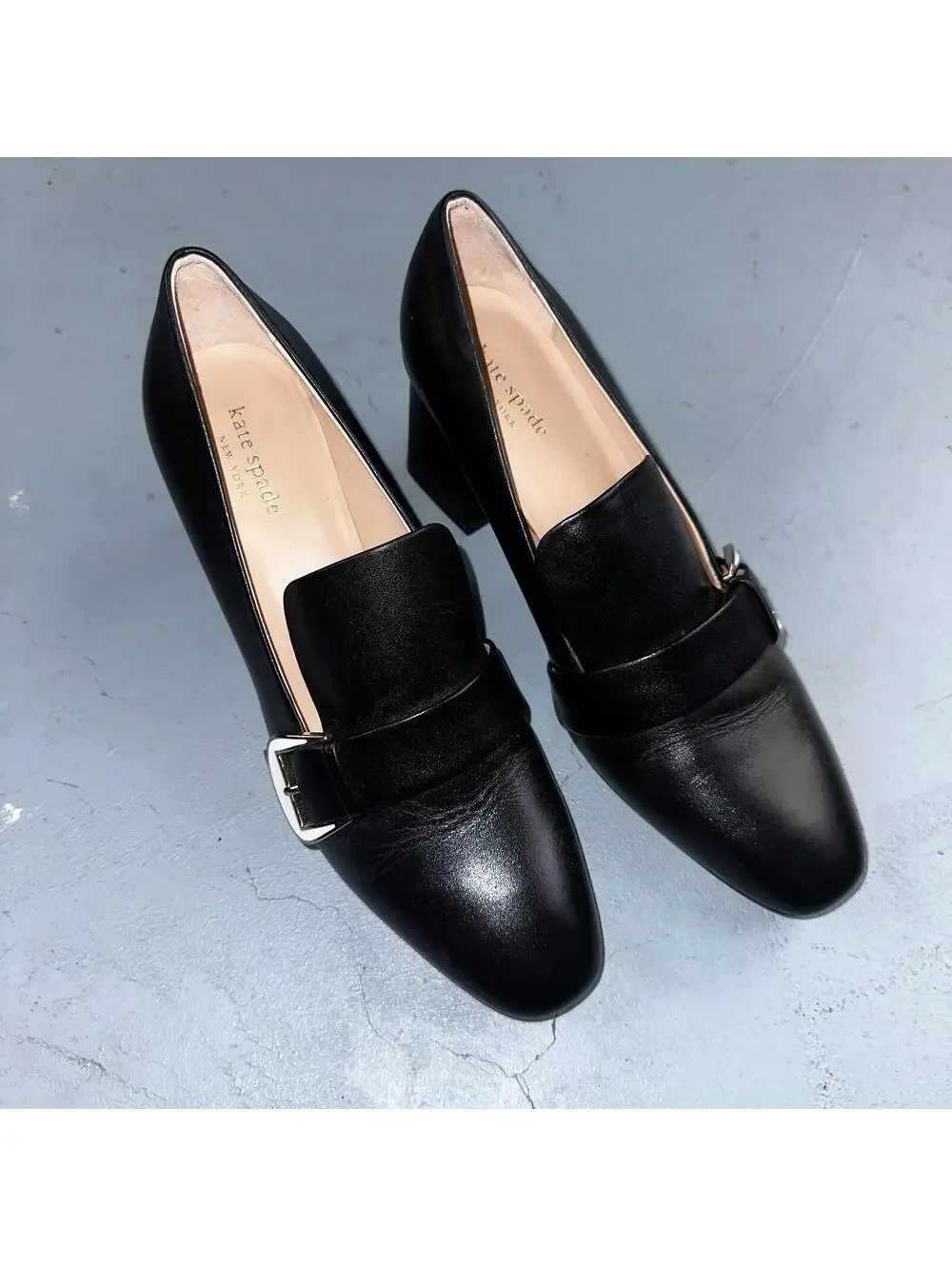 Kate Spade Alia Black Block Heel Pump 9.5 Leather Chunky Silver Tone Buckle
